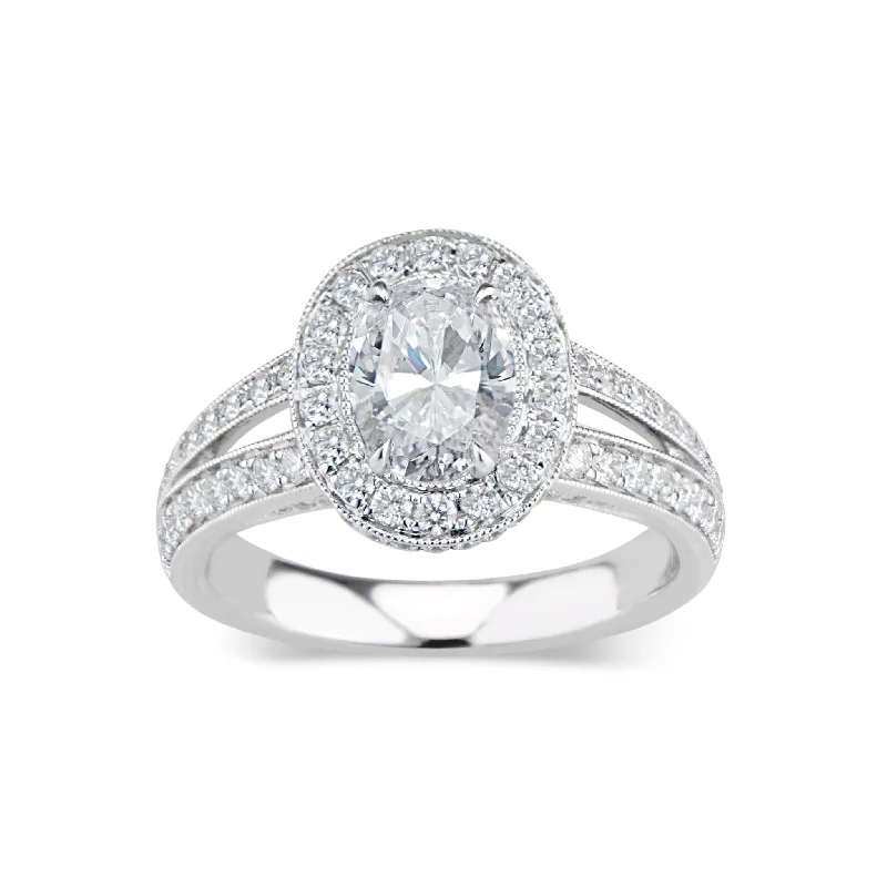 women's elegant engagement rings-Oval Halo Diamond Engagement Ring with Split Shank and Milgrain Detail