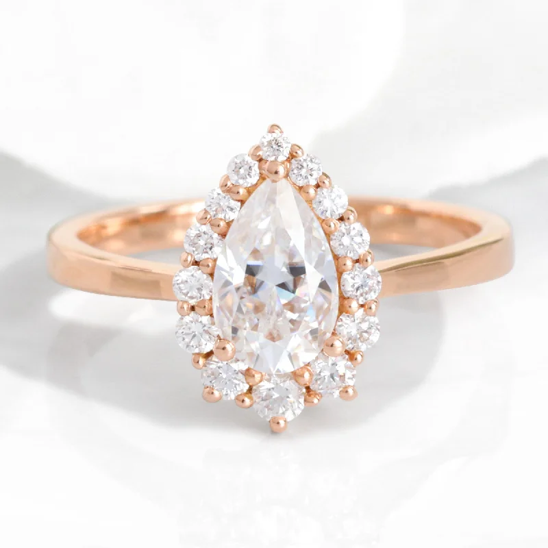 women's elegant engagement rings-Pear Moissanite Diamond Ring in 14k Rose Gold Tiara Halo Tapered Band, Size 6.25