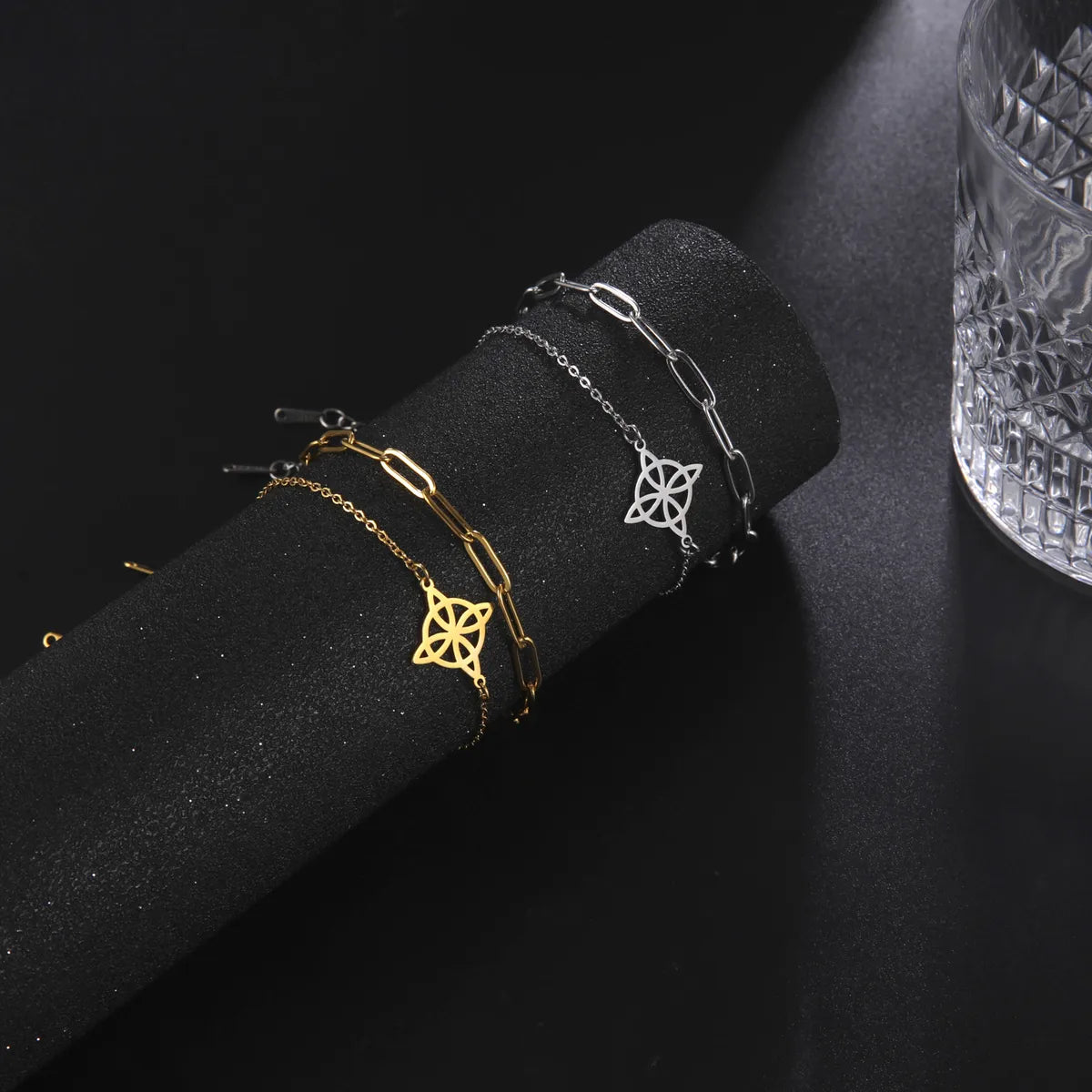 women's spiral cuff bracelets-Hot Sale Double-layer Twin Welding With Cross Chain Combination Hollow Four-petal Leaf Small Round Pendant 304 Stainless Steel Bracelet