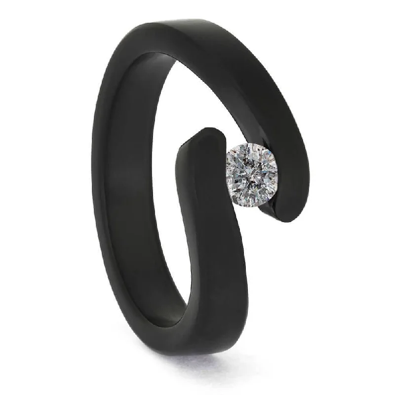 women's floral diamond engagement rings-Salt and Pepper Diamond in Black Zirconium Engagement Ring