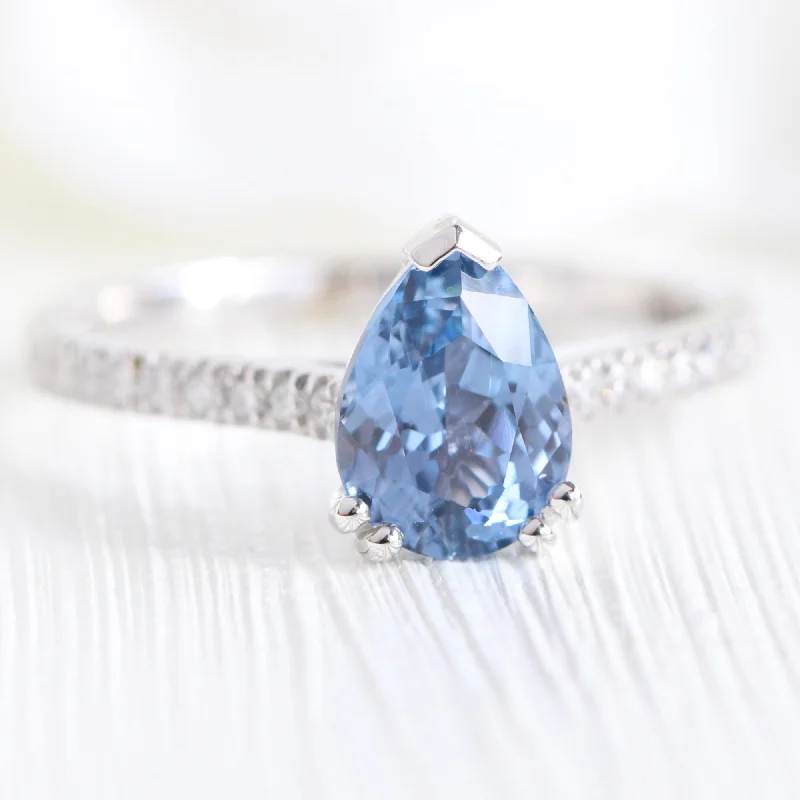 women's vintage-inspired engagement rings-1.65 Ct Pear Aqua Blue Sapphire Diamond Ring in 14k White Gold Grace Solitaire, Size 6.5