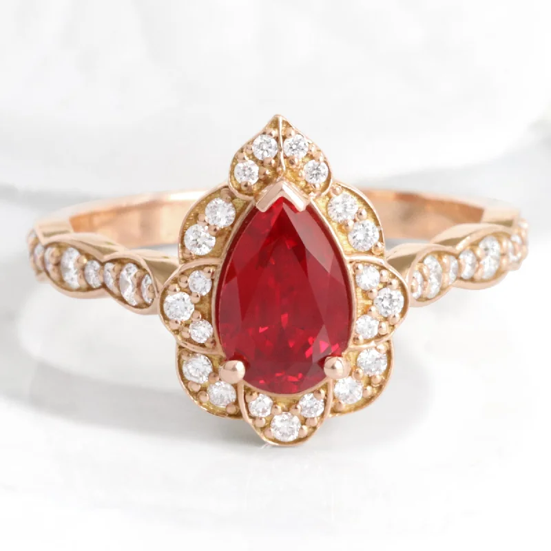 women's luxury gemstone engagement rings-Pear Ruby Diamond Ring in Vintage Floral Scalloped Band