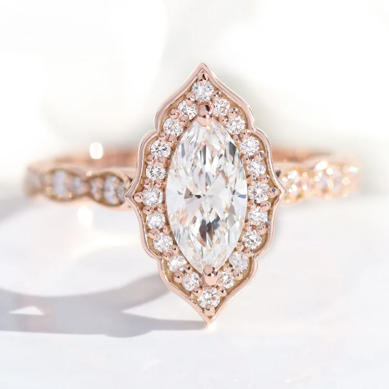 women's unique stone engagement rings-Marquise Cut Lab Diamond Ring w/ Natural Diamonds in Vintage Floral Ring