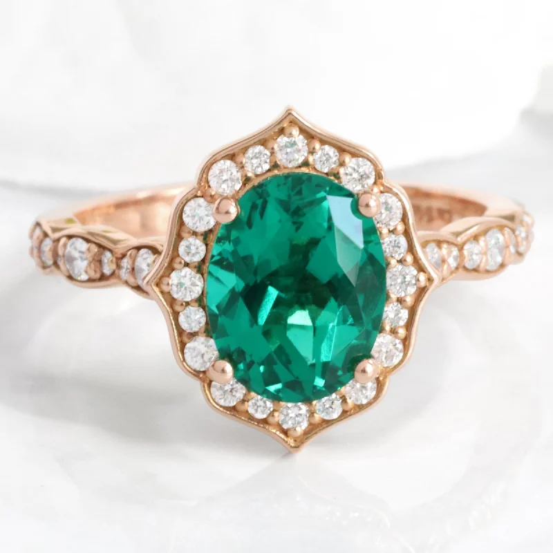 women's oval gemstone engagement rings-Large Oval Emerald Diamond Ring in Vintage Floral Scalloped Band