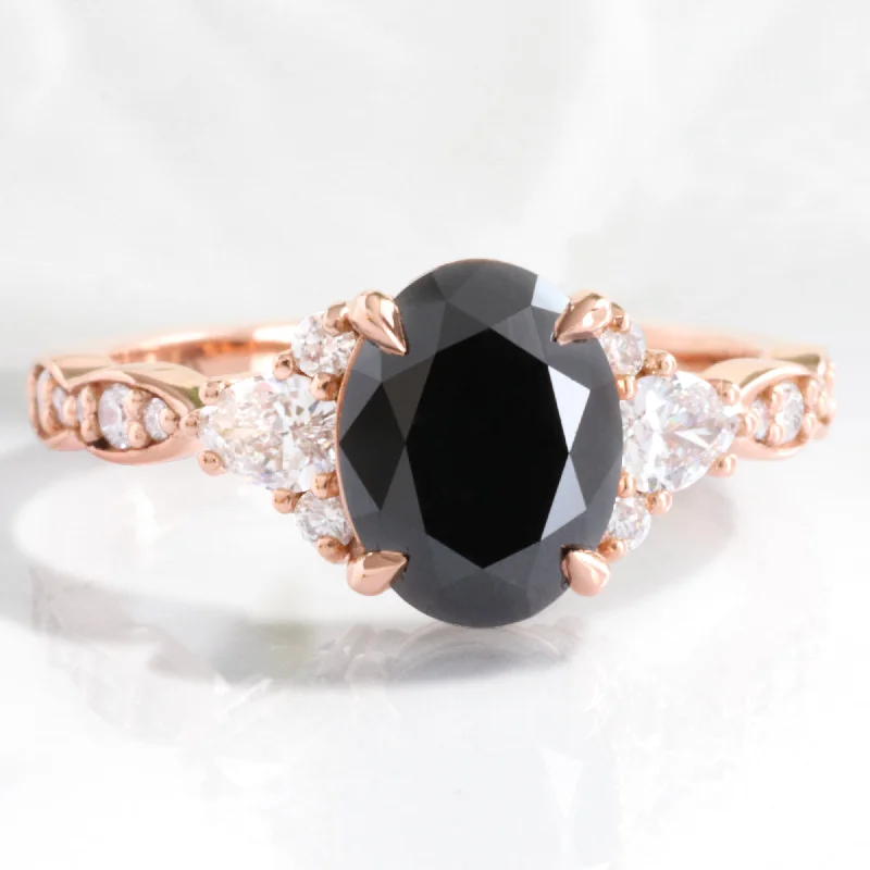 women's diamond wedding and engagement rings-2.65 Ct. Oval Black Diamond Ring in Dahlia 3 Stone Diamond Band