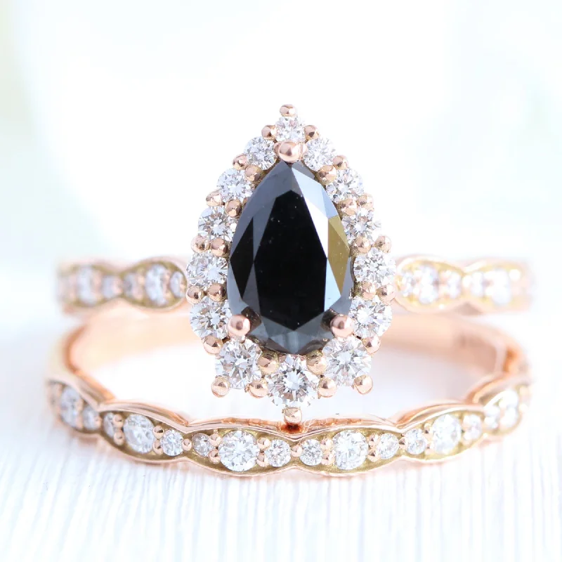 women's engagement rings with colored stones-Tiara Halo Pear Black Diamond Ring Set w/ Matching Diamond Scalloped Wedding Band