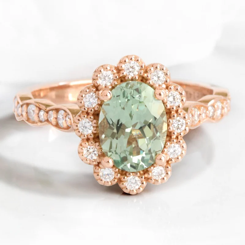 women's vintage diamond engagement rings-Oval Seafoam Green Sapphire Ring in Vintage Luna Halo Diamond Ring