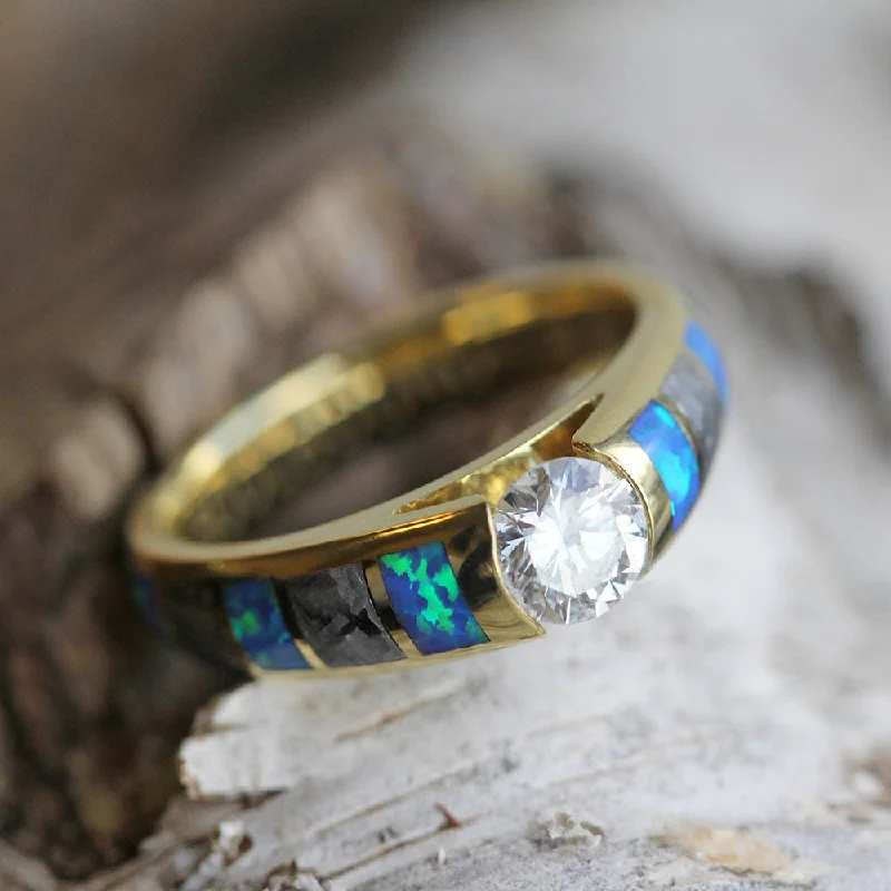 women's cushion-cut engagement rings-Diamond Engagement Ring with Meteorite and Opal Inlays