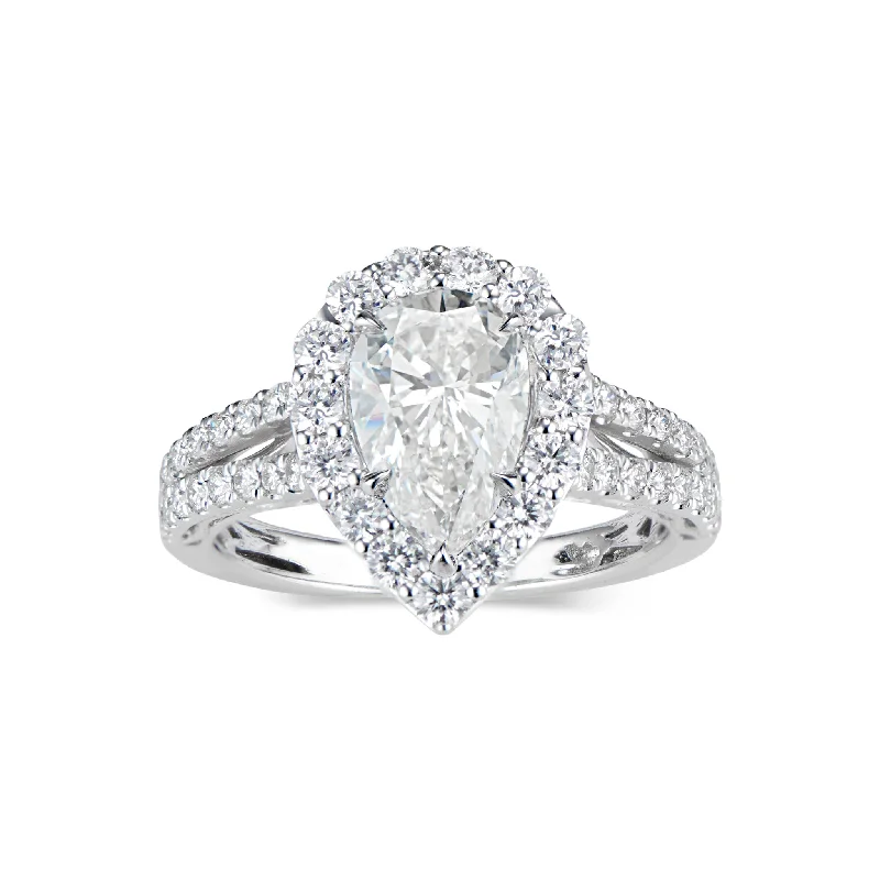 women's simple diamond engagement rings-Pear Halo Diamond Engagement Ring with Split Shank