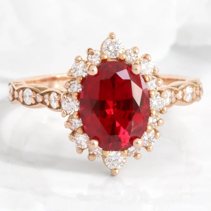 women's vintage diamond engagement rings-Large Oval Ruby Engagement Ring in Tiara Halo Diamond Scalloped Band