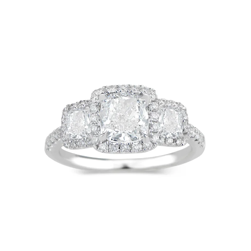 women's white gold engagement rings-Three-Stone Cushion Halo Diamond Engagement Ring