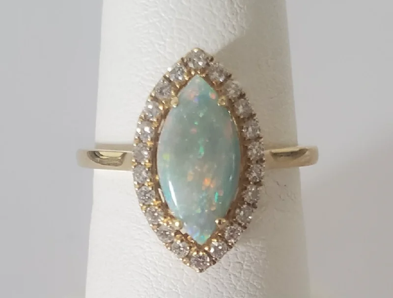 women's emerald gemstone engagement rings-14kt Yellow Gold Marquise Opal and Diamond Ring