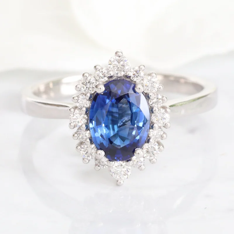 women's colored gemstone engagement rings-1.58 Ct Oval Blue Sapphire Ring in 14k White Gold Tiara Halo Diamond Ring Size 6.25