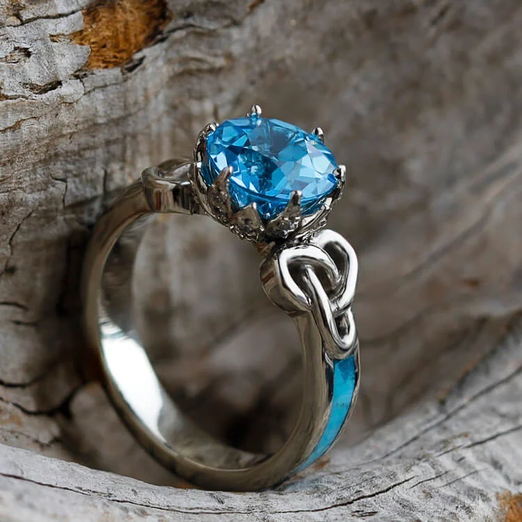 women's statement engagement rings-Topaz Engagement Ring with Diamond Lotus Setting & Turquoise