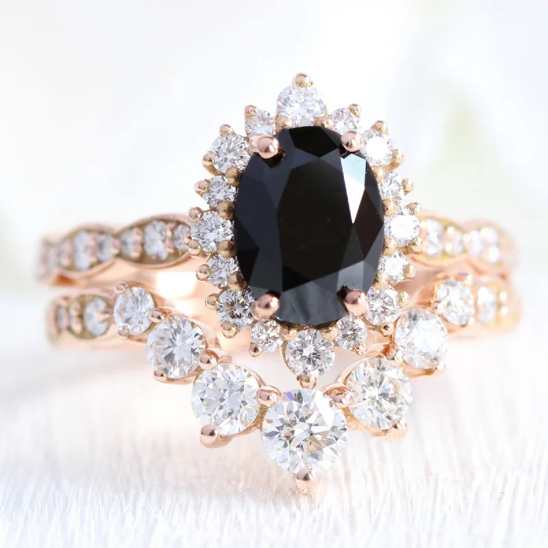 women's geometric design engagement rings-Tiara Halo Oval Black Diamond Ring Set w/ Large 7 Diamond Curved Scalloped Band