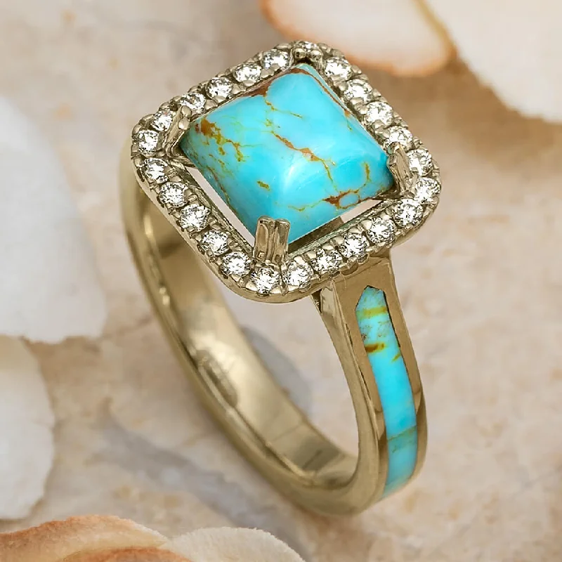 women's geometric design engagement rings-Diamond Halo Engagement Ring with Faceted Turquoise Stone