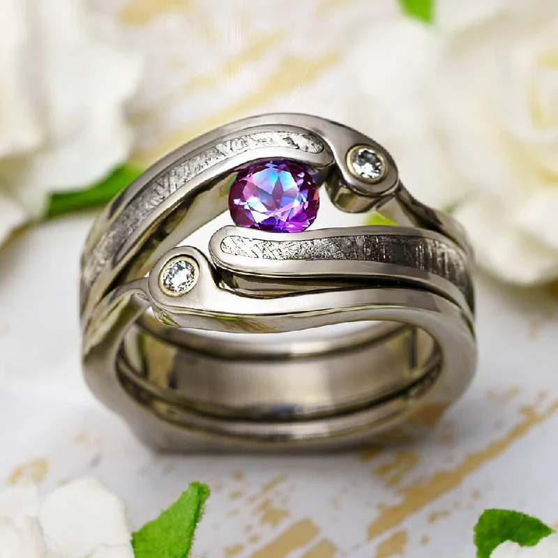 women's budget-friendly engagement rings-Meteorite Bridal Set with Alexandrite Engagement Ring