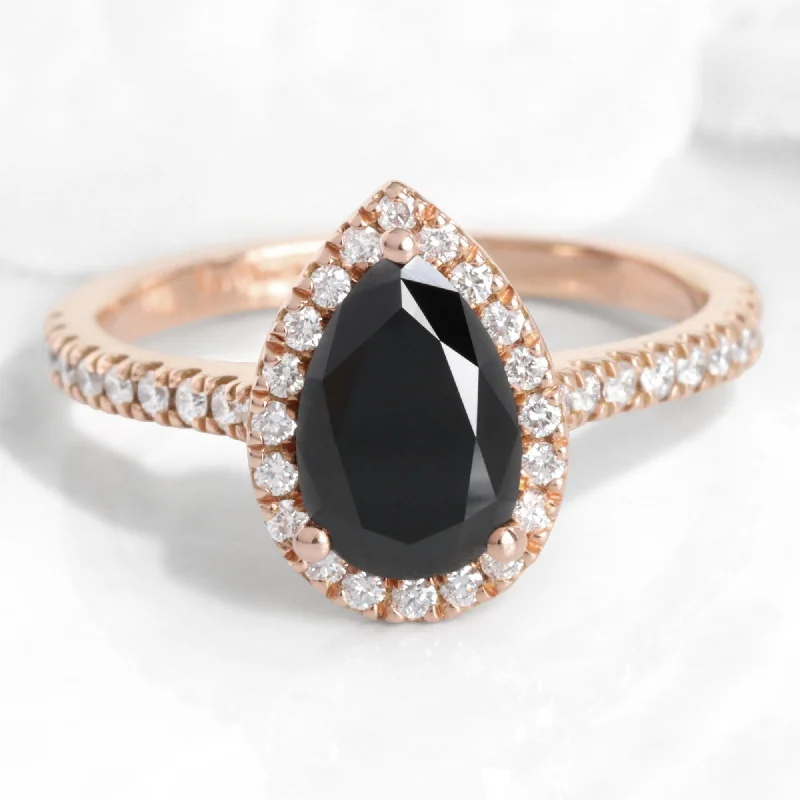 women's multi-stone engagement rings-Pear Black Diamond Ring in Luna Halo Pave Diamond Band