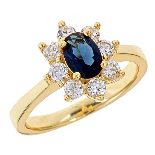 women's halo engagement rings-18K Gold Plated Sterling Silver Royal Blue CZ Engagement Ring