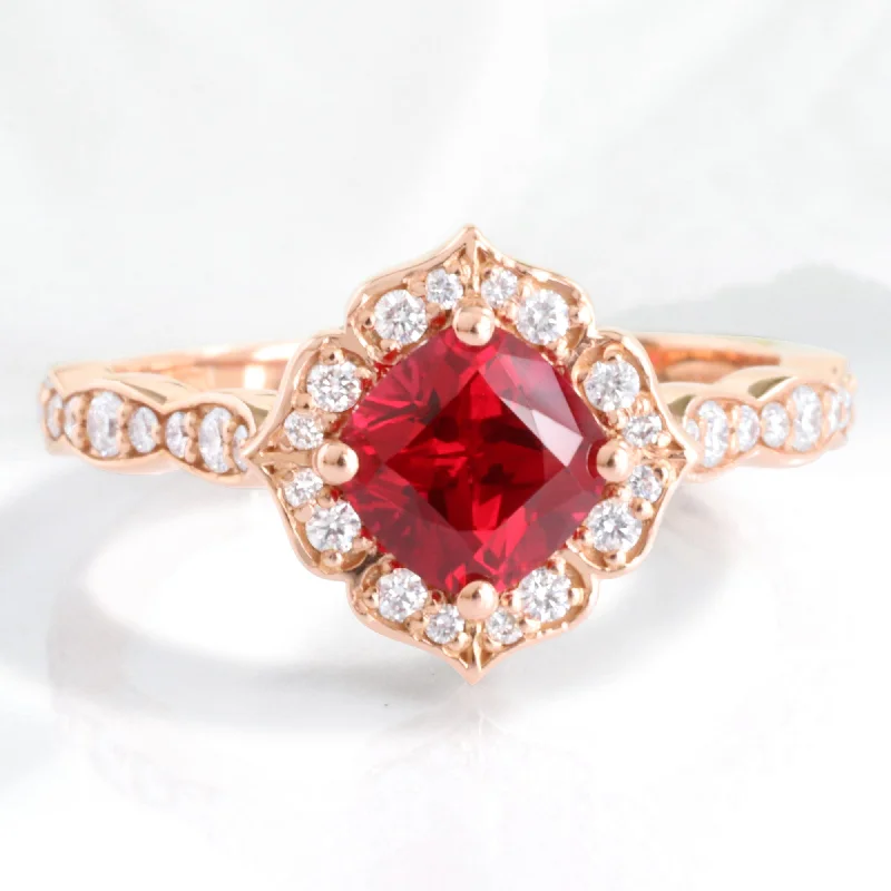 women's cushion-cut engagement rings-Cushion Ruby and Diamond Ring in Mini Vintage Floral Scalloped Band