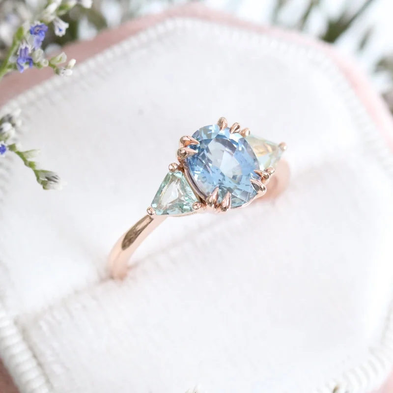 women's multi-colored engagement rings-Large Aqua Blue Sapphire Engagement Ring in 14k Rose Gold 3 Stone Ring, Size 6