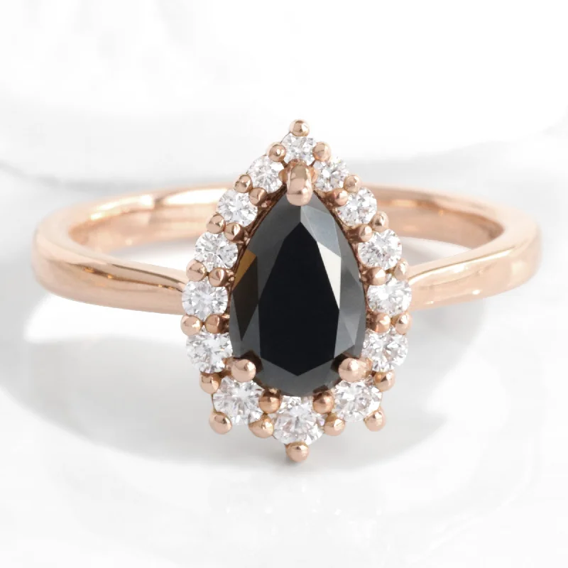 women's diamond band engagement rings-Pear Black Diamond Engagement Ring in Tiara Halo Diamond Tapered Band