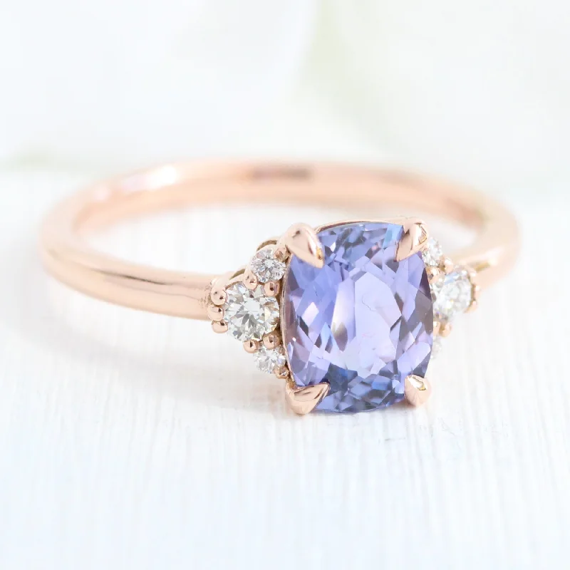 women's cushion cut engagement rings-1.84 Ct. Cushion Lavender Sapphire Ring in 14k Rose Gold 3 Stone Diamond Ring, Size 6