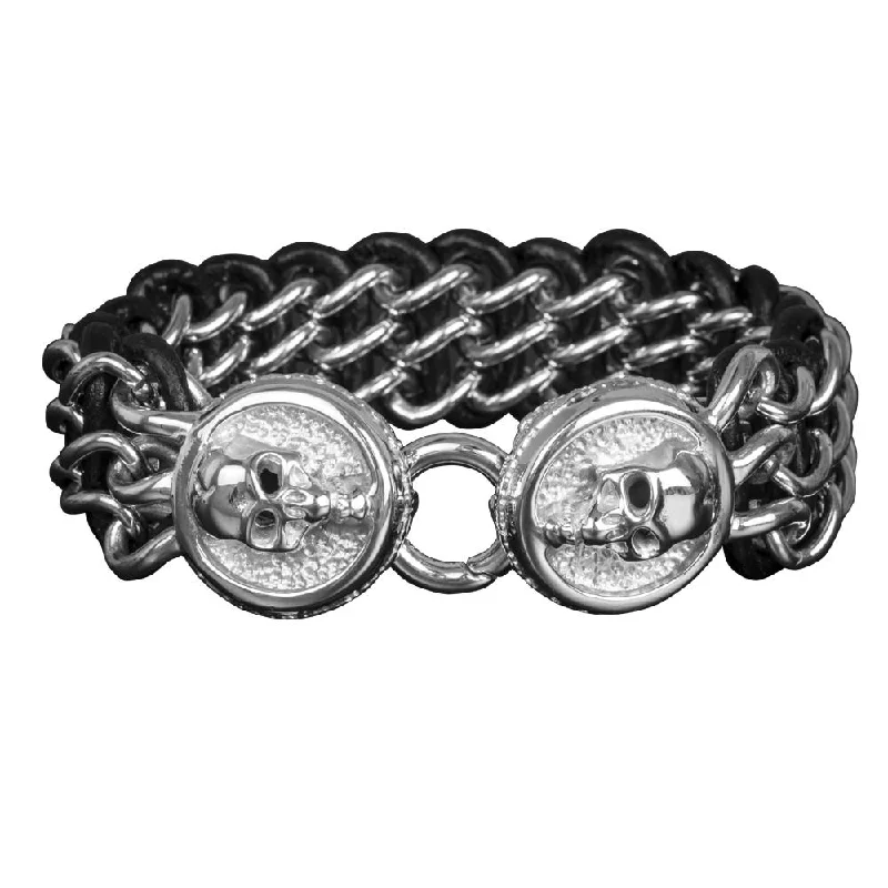 women's thick bangles-Men's Leather Steel Skull Bracelet