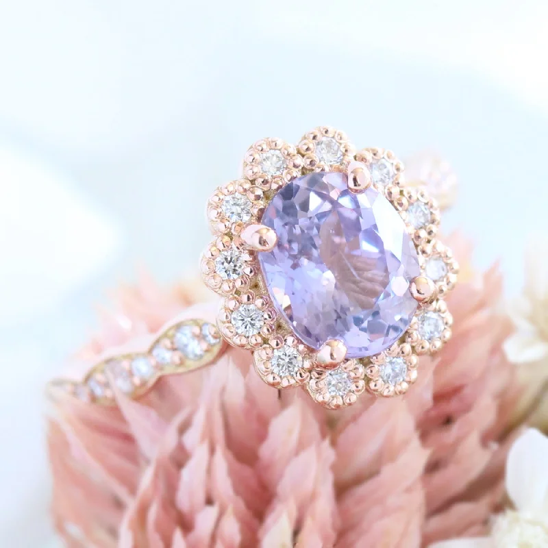 women's halo diamond engagement rings-2.06 Ct Lavender Sapphire Engagement Ring in 14k Rose Gold Vintage Halo Diamond, Size 6