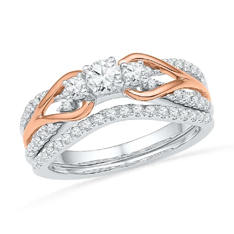 women's luxury engagement rings-Two Tone Diamond Three Stone Engagement Ring & Band