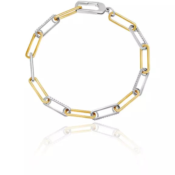 women's thick bangles-CRISLU Two-Tone Interlocking Pave Link Bracelet Finished in Pure Platinum and 18kt Gold- 7 Inches