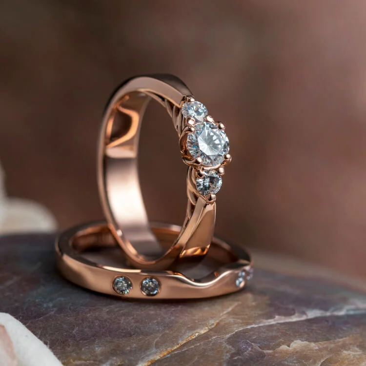 women's split shank engagement rings-Three Stone Floral Prong Engagement Ring & Matching Shadow Band