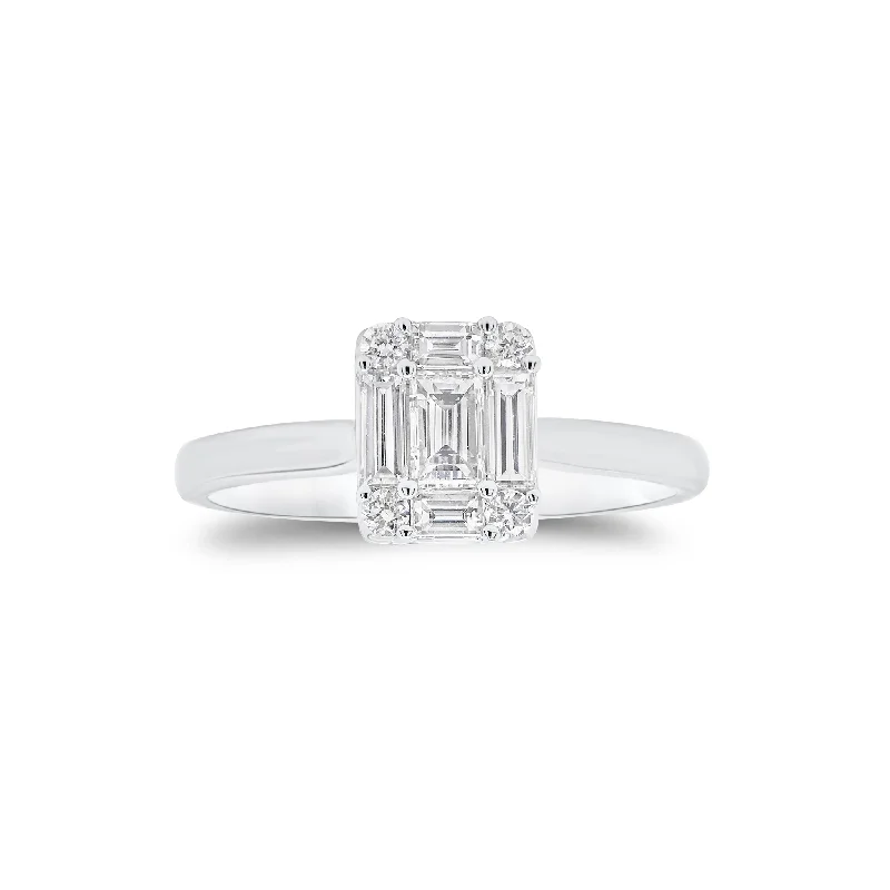 women's platinum solitaire diamond engagement rings-Emerald-Cut Diamond Illusion Engagement Ring