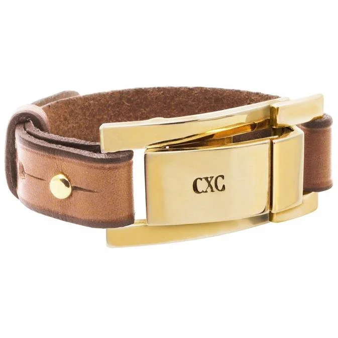 women's thin bangles-CXC Elegant Signature Bar  Leather Bracelet-Gold