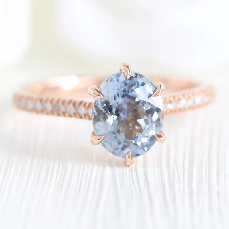 women's colored gemstone engagement rings-2.02 Ct Oval Aqua Blue Sapphire Diamond Ring in 14k Rose Gold Grace Solitaire, Size 6.25