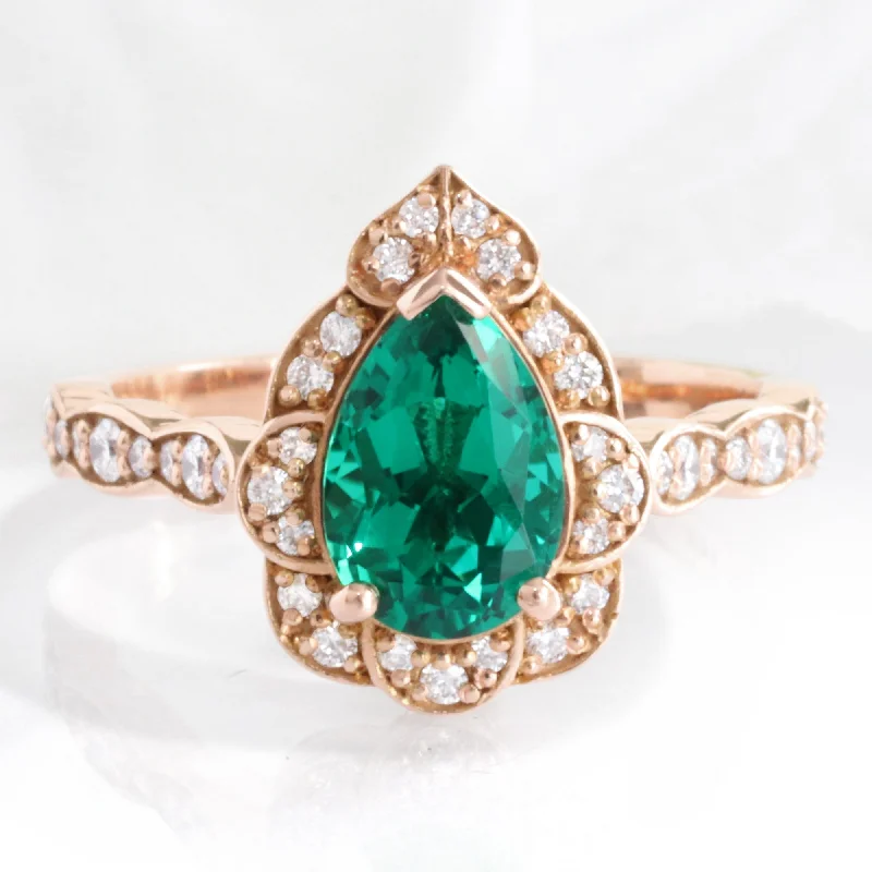 women's floral engagement rings-Large Pear Emerald Diamond Ring in Vintage Floral Scalloped Band