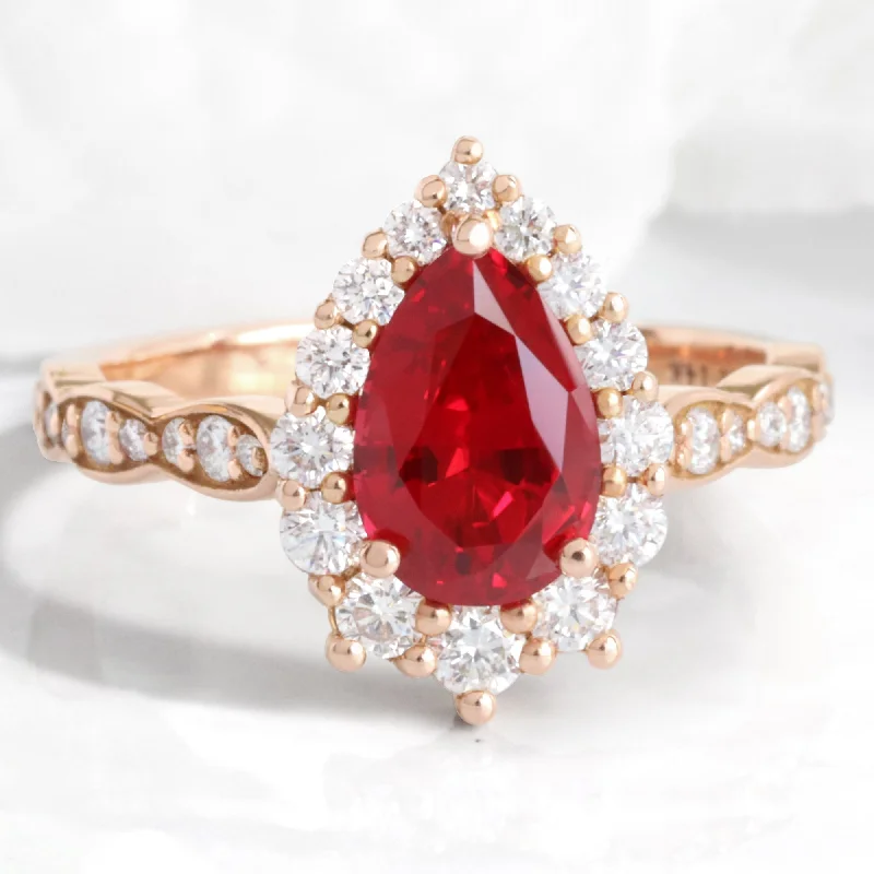 women's round diamond engagement rings-Large Pear Ruby Engagement Ring in Tiara Halo Diamond Scalloped Band