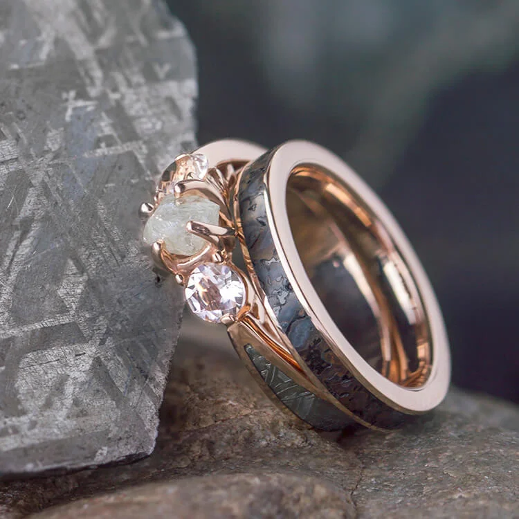 women's unique engagement rings with diamonds-Polished Gold Ring Set With Three Stone Meteorite Engagement Ring