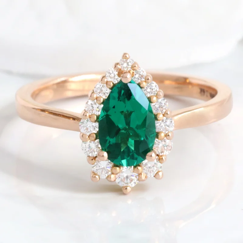 women's statement engagement rings-Pear Emerald Engagement Ring in Tiara Halo Diamond Tapered Band