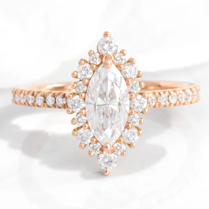 women's rose gold diamond engagement rings-Marquise Moissanite Engagement Ring in Tiara Halo Diamond Pave Band