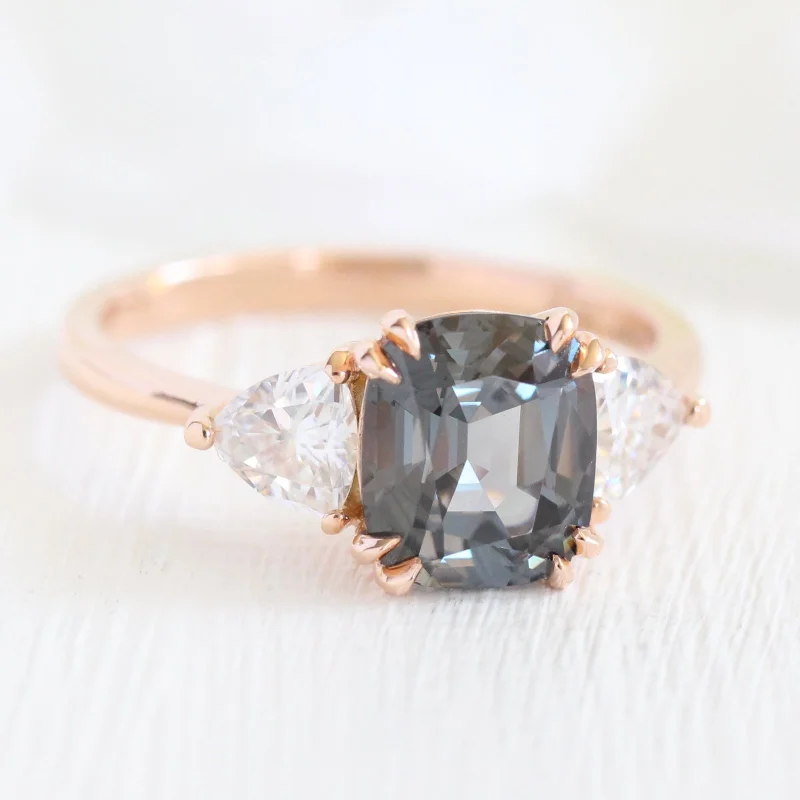 women's sparkling engagement rings-Large Grey Spinel Engagement Ring in 14k Rose Gold 3 Stone Ring, Size 6.25