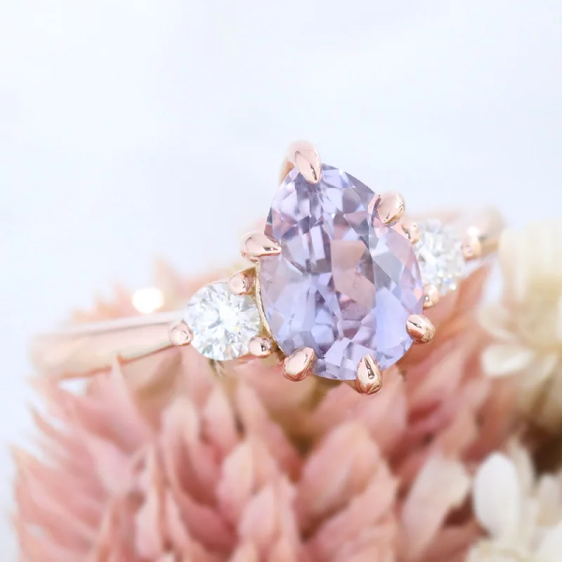 women's elegant sapphire engagement rings-1.98 Ct Pear Lavender Sapphire Ring in 14k Rose Gold 3 Stone Diamond Ring, Size 6