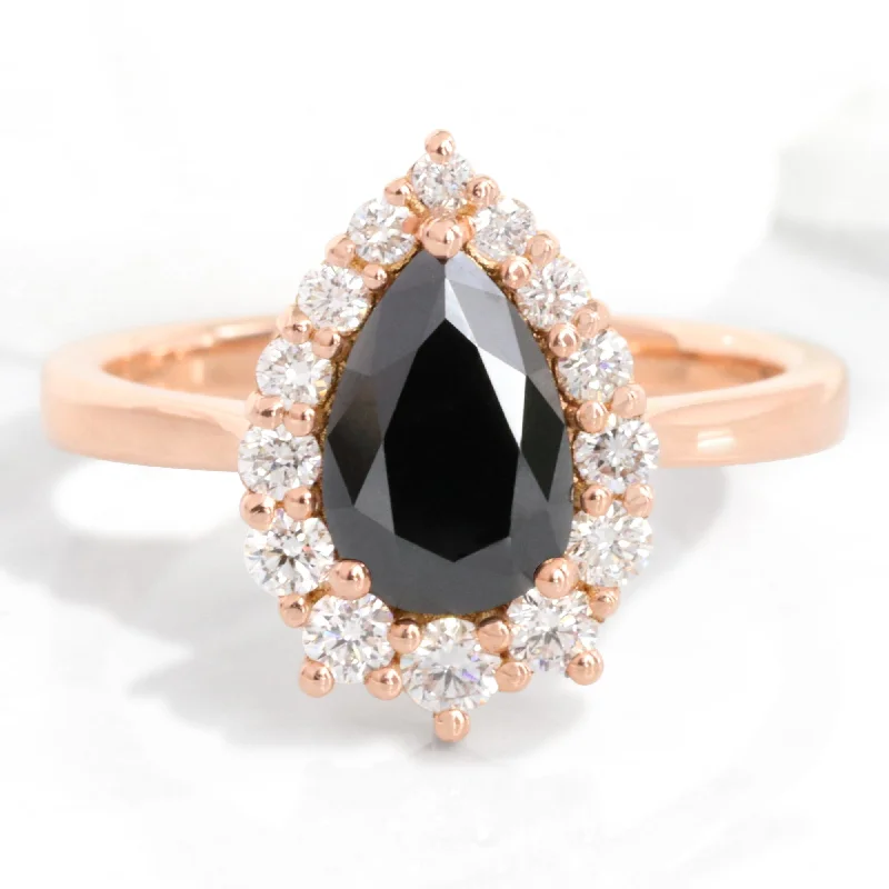 women's twist design engagement rings-Large Pear Black Diamond Ring in Tiara Halo Diamond Tapered Band