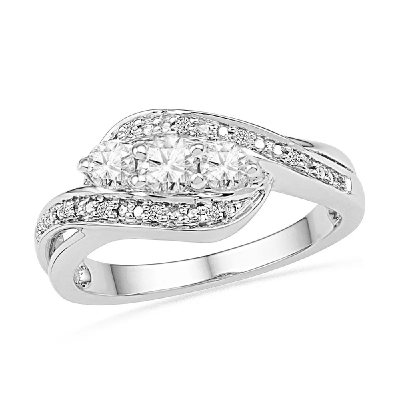 women's engraved engagement rings-Unique Three Stone Diamond Engagement Ring With Swirled Band