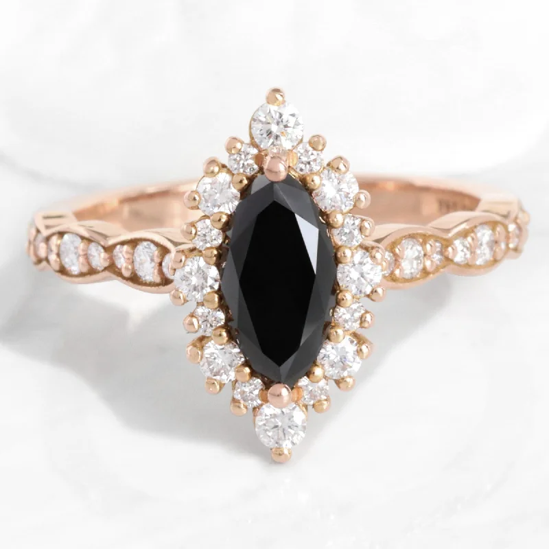 women's split shank engagement rings-Marquise Black Diamond Ring in Tiara Halo Scalloped Band