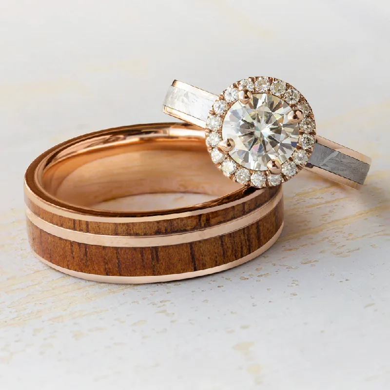 women's diamond engagement rings-Nature Wedding Ring Set, Halo Engagement Ring & Wooden Wedding Band