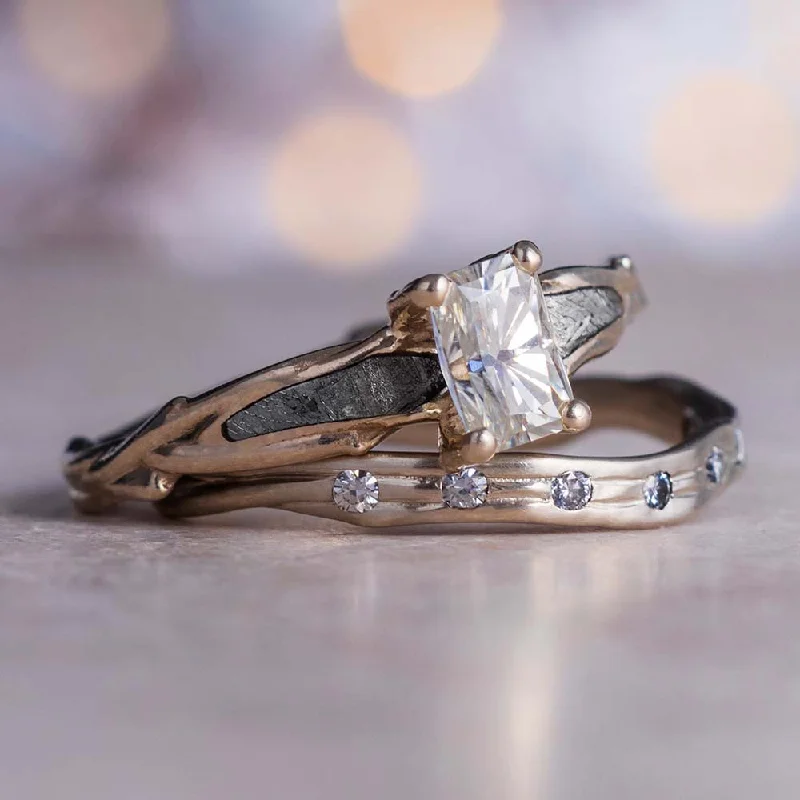 women's platinum diamond engagement rings-Unique Emerald Cut Engagement Ring & Wedding Band, Meteorite Bridal Set