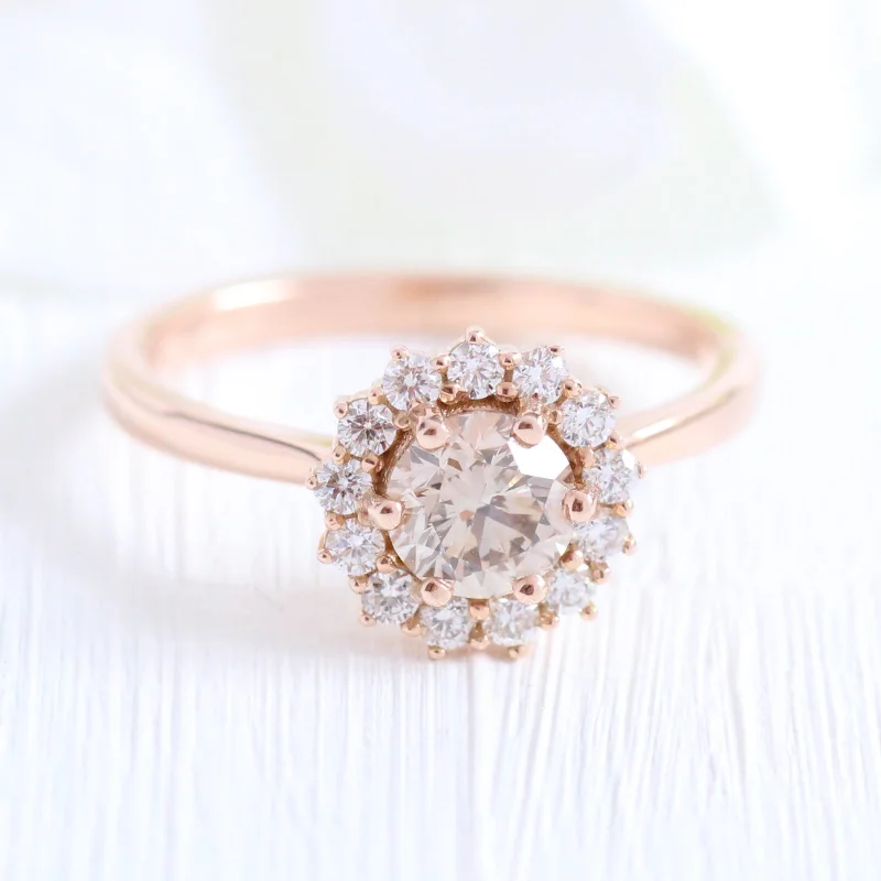 women's gemstone engagement rings with diamonds-1 Ctw Champagne Diamond Ring in 14k Rose Gold Large Halo, Size 6.25