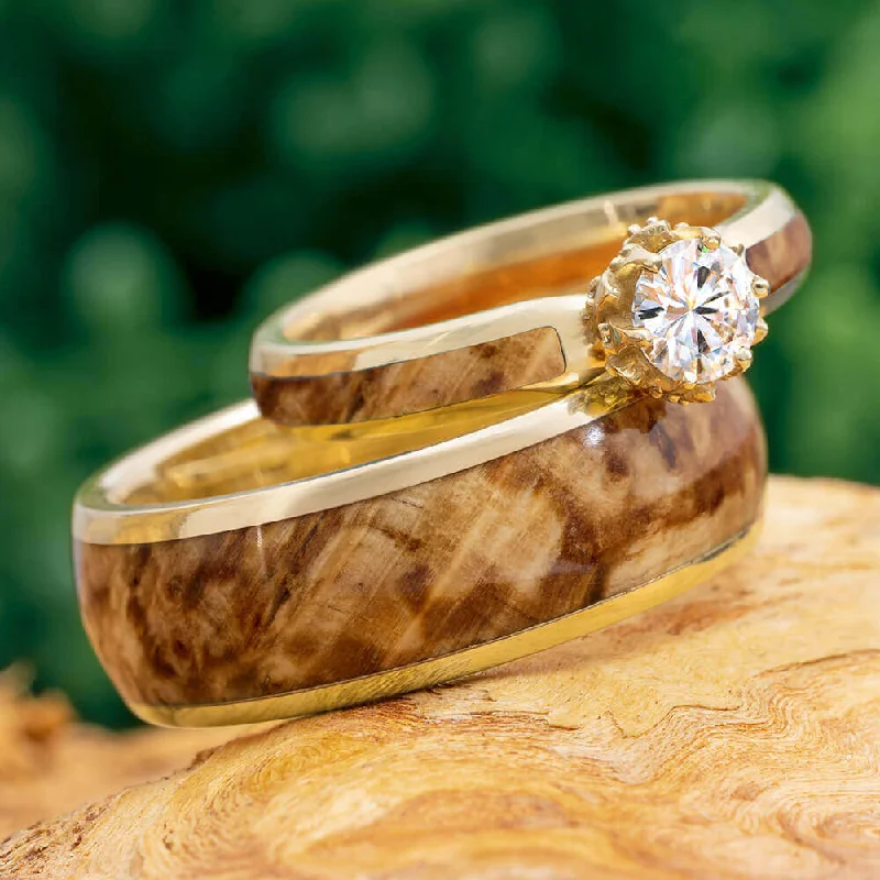 women's elegant engagement rings-Wood Wedding Ring Set, Peridot Engagement Ring with Wood Wedding Band