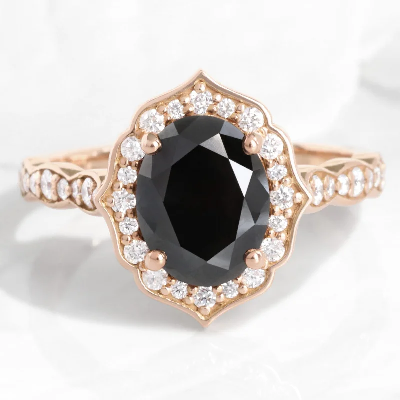 women's modern halo engagement rings-Large Oval Black Diamond Ring in Vintage Floral Scalloped Band